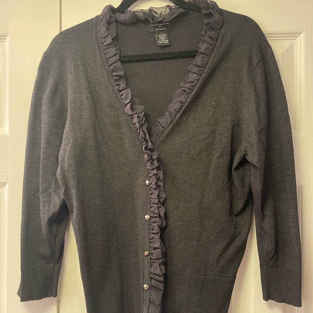 Ruffled Gray Cardigan Sweater